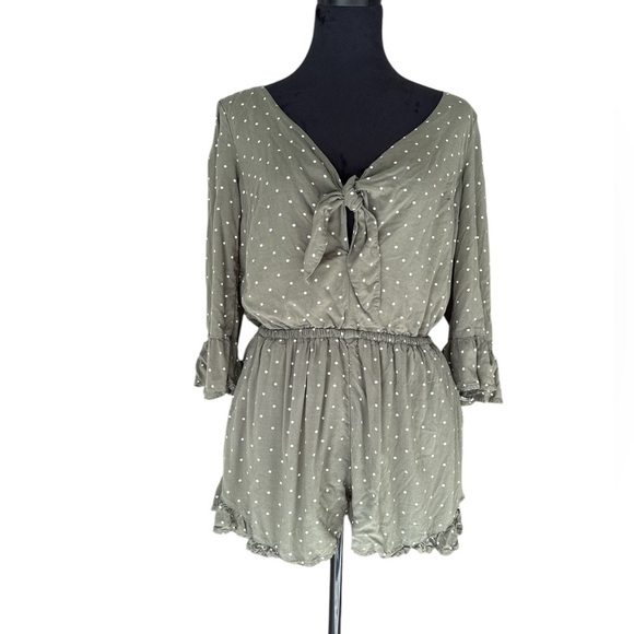 Abercrombie & Fitch Pants - Abercrombie & Fitch Olive Green Polka Dot Tie-Front Romper - Size Small